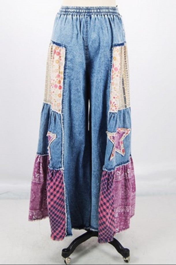 BLUE VELVET MULTI COLOR PATCH WIDE LEG WASHED DEINM