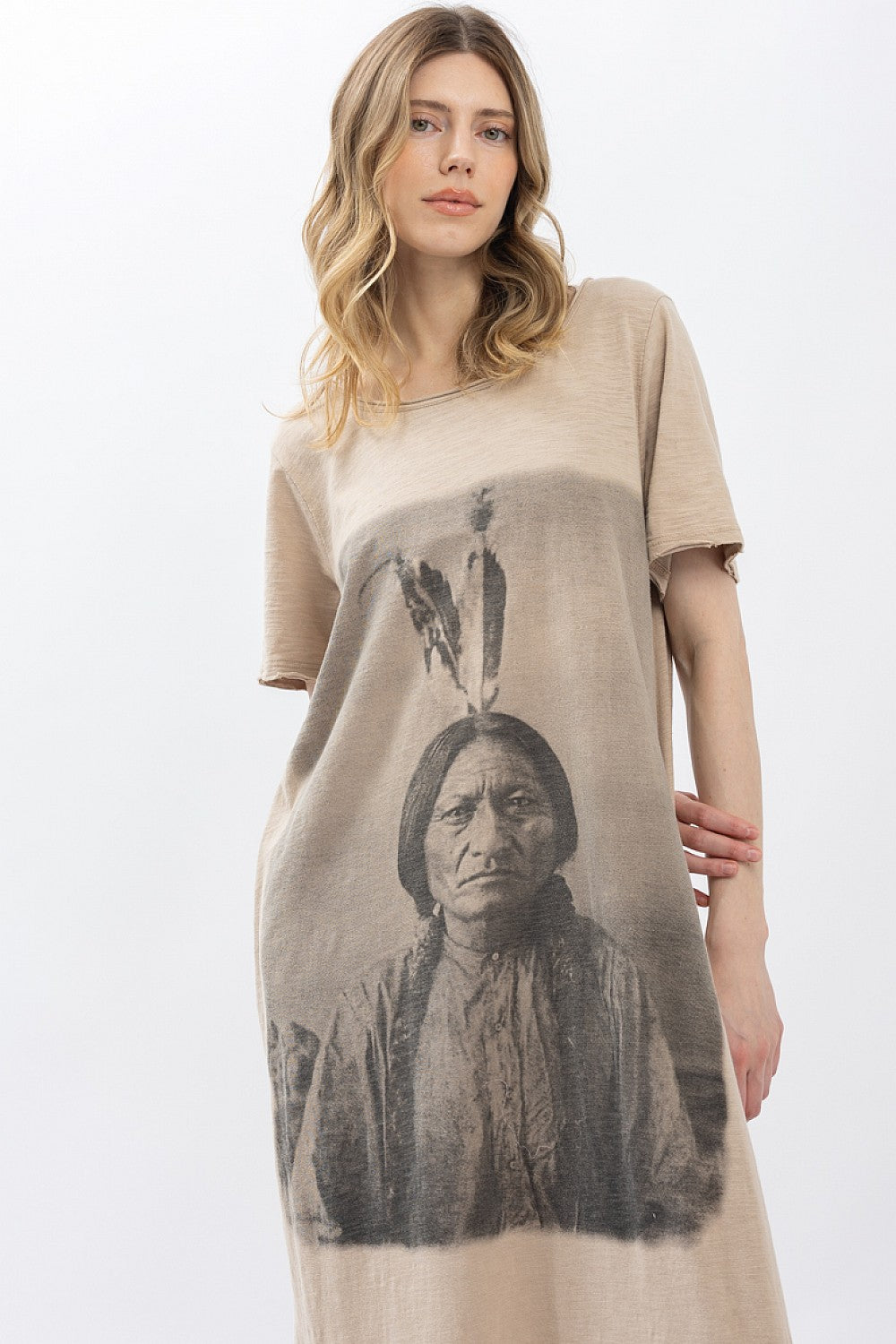 INDIAN PRINT WASHED SHORT SLEEV LONG DRESS