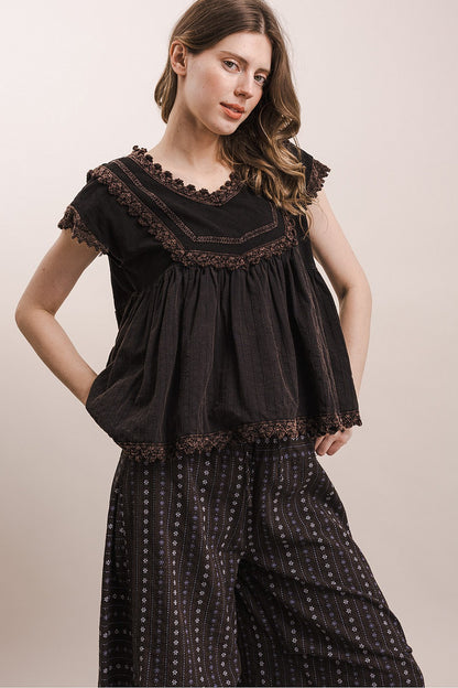Blue Velvet V-neck Short Sleeve Top