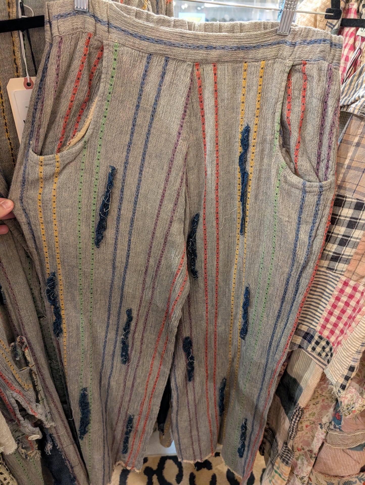 Jaded Gypsy Blue Bird Walts Pants - linen with rainbow embroidery and denim appliqué