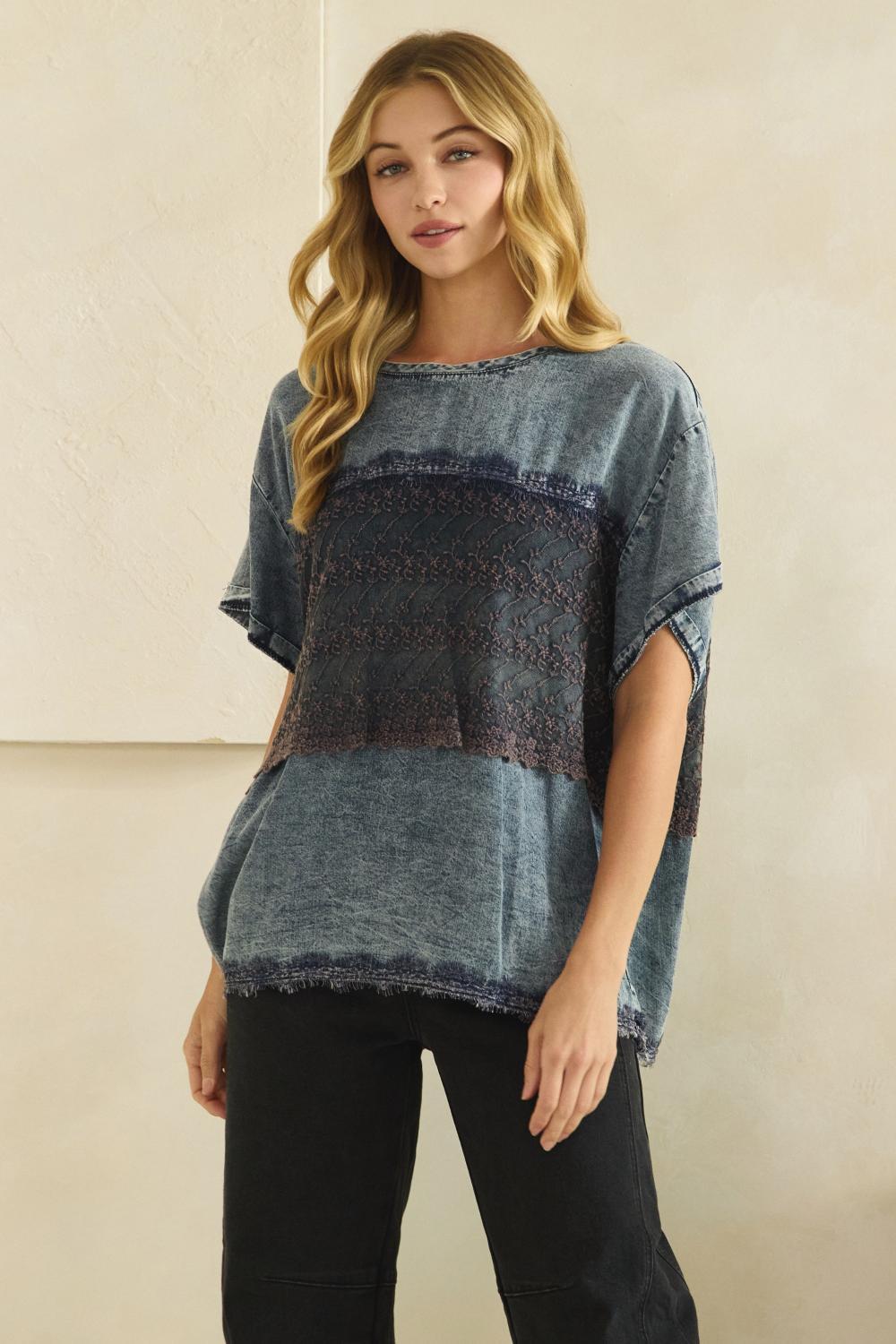 Oli and Hali Washed Embroidered Lace Mix Top
