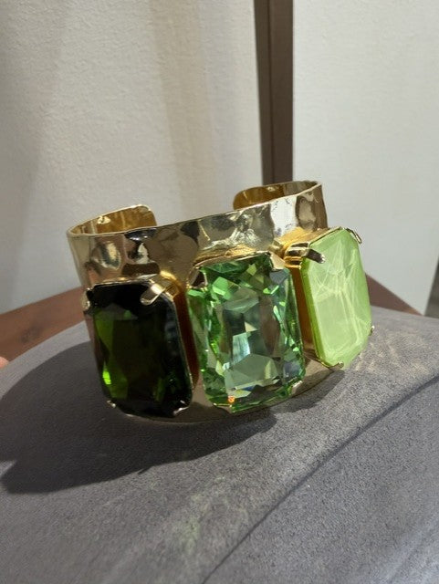 WaFa Emerald Trio Cuff Bracelet — three emerald-cut crystals in olive, mint, and peridot on a hammered gold-tone cuff