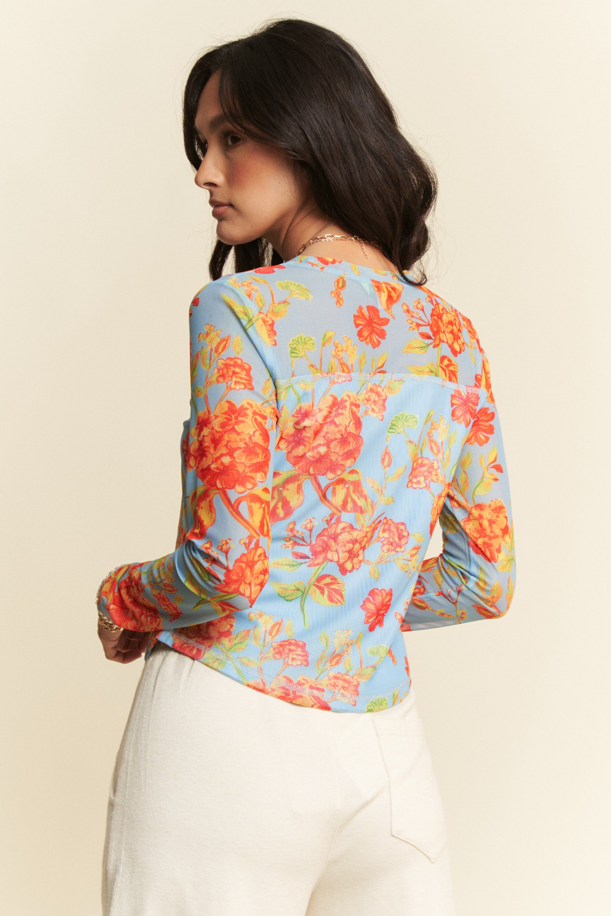 Davi & Dani Floral Print Mesh Long Sleeve Top - front view