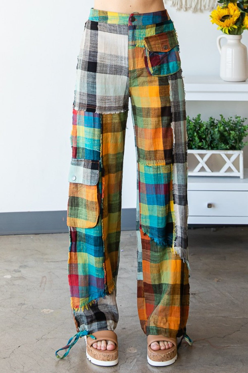 WASHED PLAID PATCHWORK PANTS