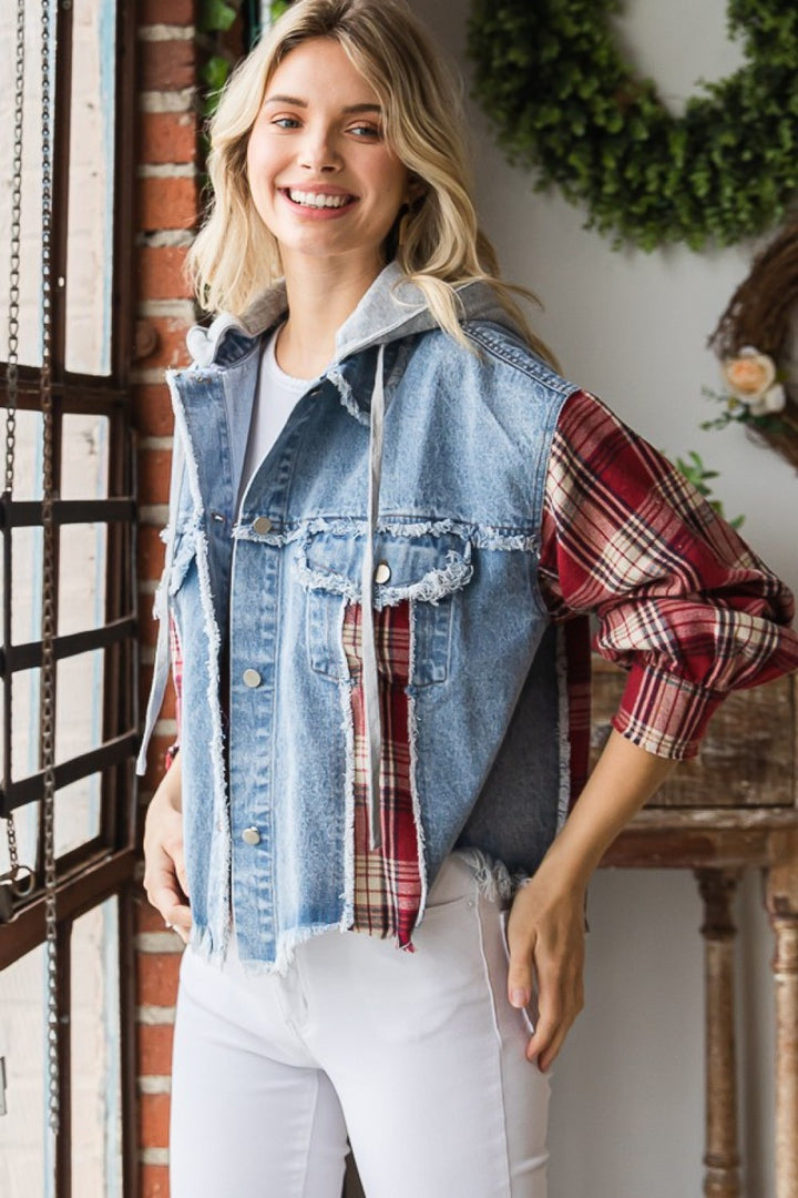 WASHED PLAID SLEEVE HOOD DENIM JACKET