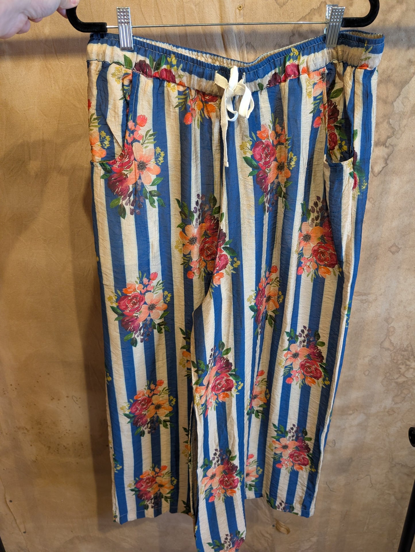Jaded Gypsy Starlight Draft Pants in Royal Stripe - blue and cream vertical stripe with floral print