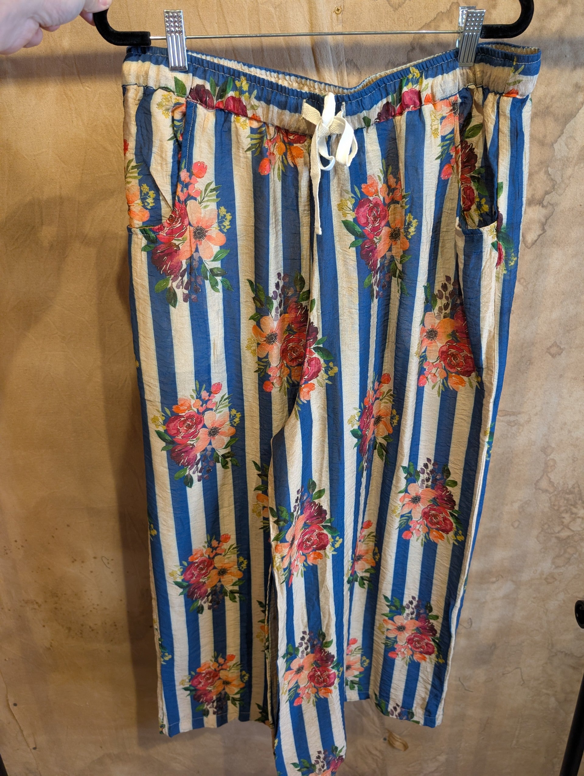 Jaded Gypsy Starlight Draft Pants in Royal Stripe - blue and cream vertical stripe with floral print