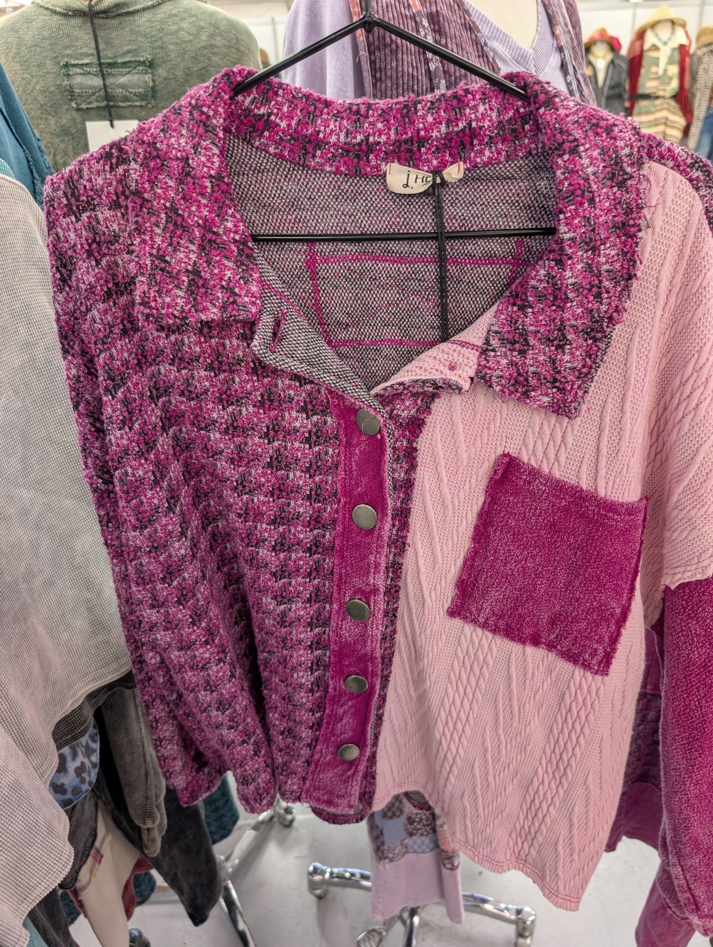 Jher HT6763 Magenta Bouclé and Quilted Mixed-Texture Snap Top