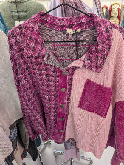 J.Her magenta mineral washed tweed shacket front view showing patchwork detail