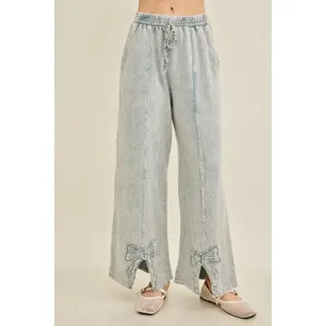 Jher Mineral Washed Cute bow trim slit pants