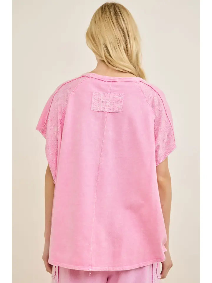 Jher Mineral Washed Eyelet Trim Cap Sleeve Blouse Top