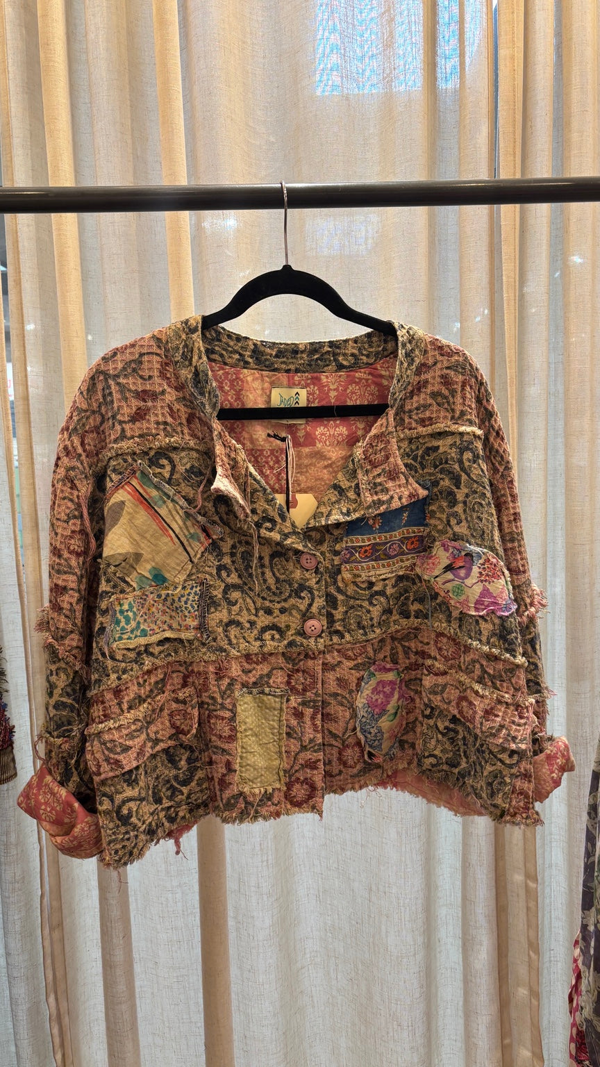 Jaded Gypsy Dream Fall Jacket Paisley with textured panels, colorful fabric patches and frayed seams