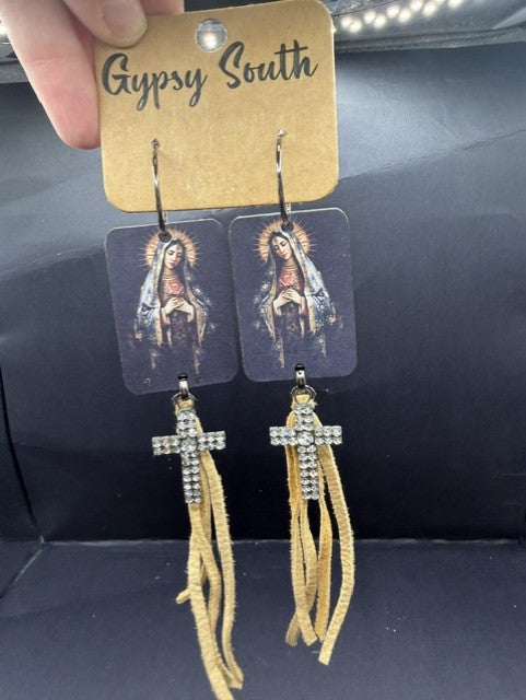 Pre-Order Gypsy South Mary Magdalene Cross Dangle Fringe Earrings