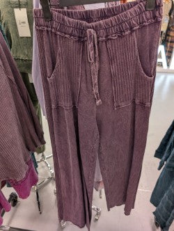 Jher HE5878P Eggplant Mineral-Washed Ribbed Wide-Leg Pant with Drawstring Waist