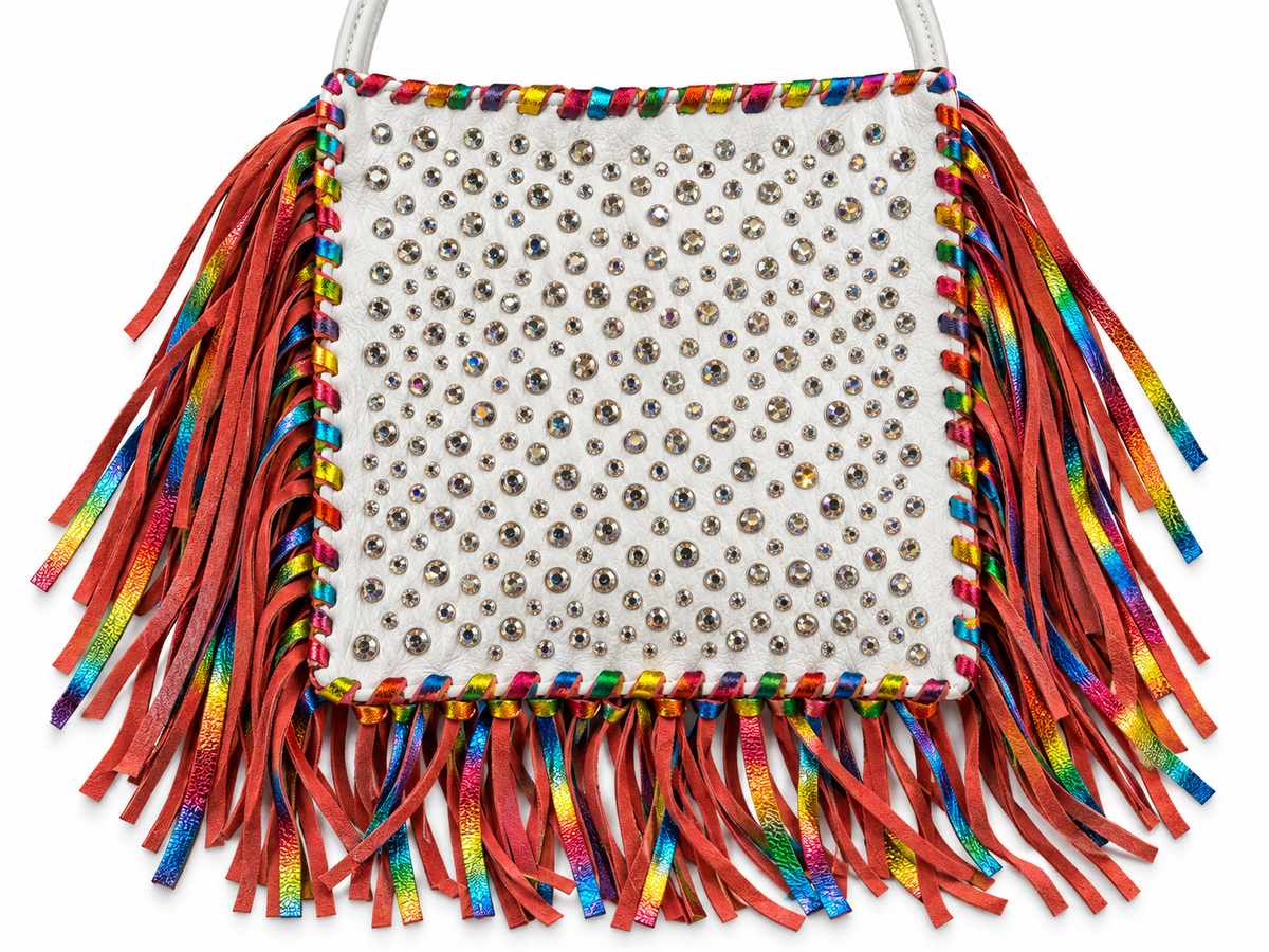 Kurtman Rainbow Renegade Sparkle Bag in white with iridescent stones and rainbow fringe