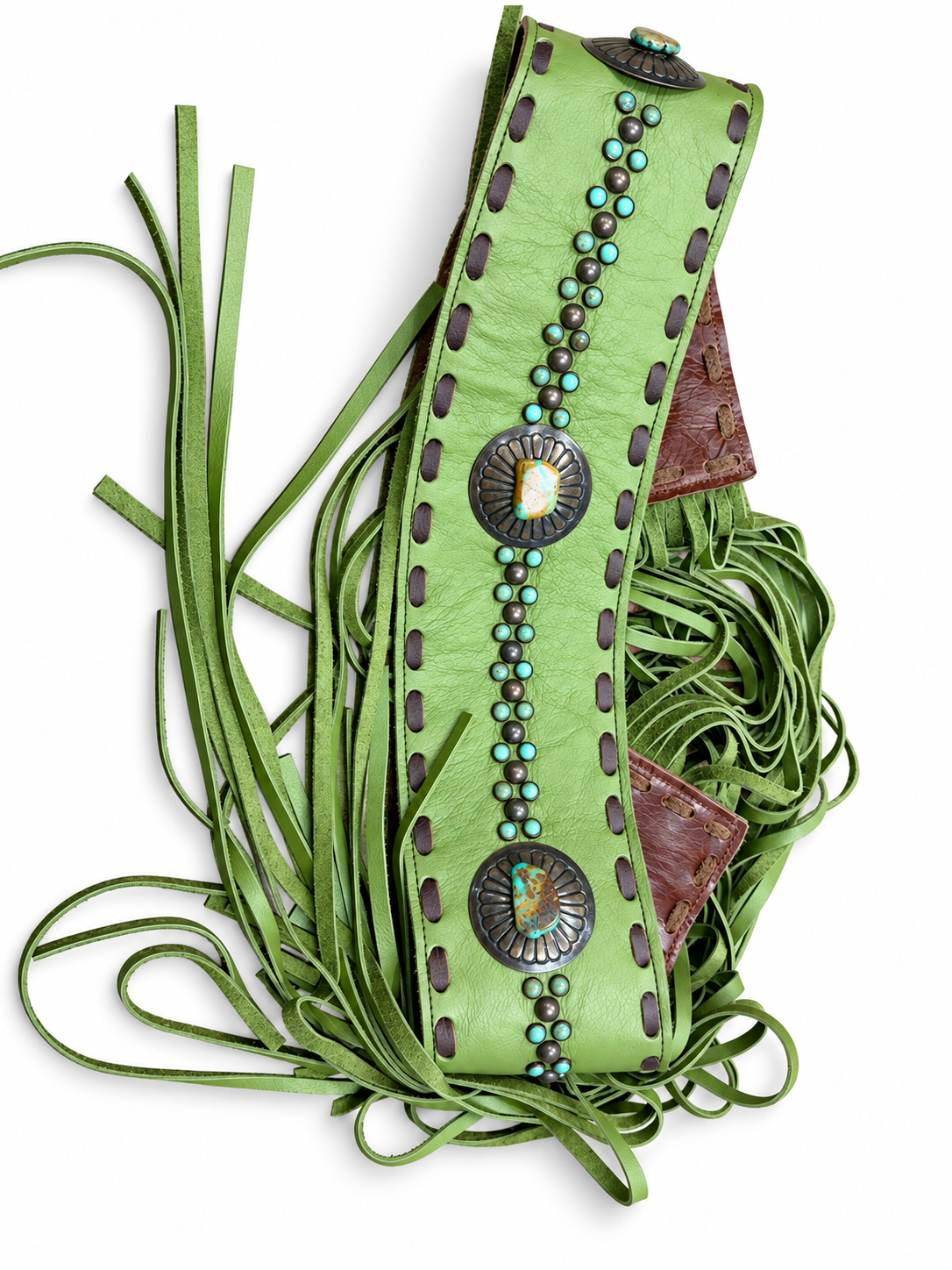 Kurtman Sagebrush Soul green fringe belt with turquoise-colored accents and dark conchos