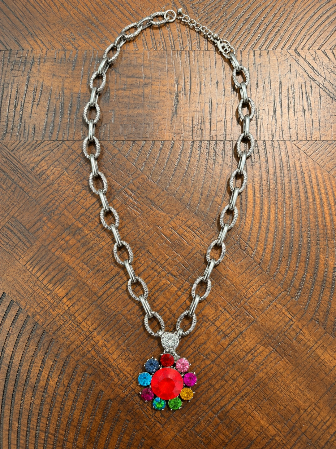 Flower pendant chain necklace, Red & Rainbow / Silver, clasp at top