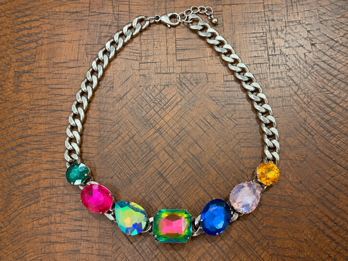 Upright Fiesta multicolor crystal silver-tone curb chain necklace