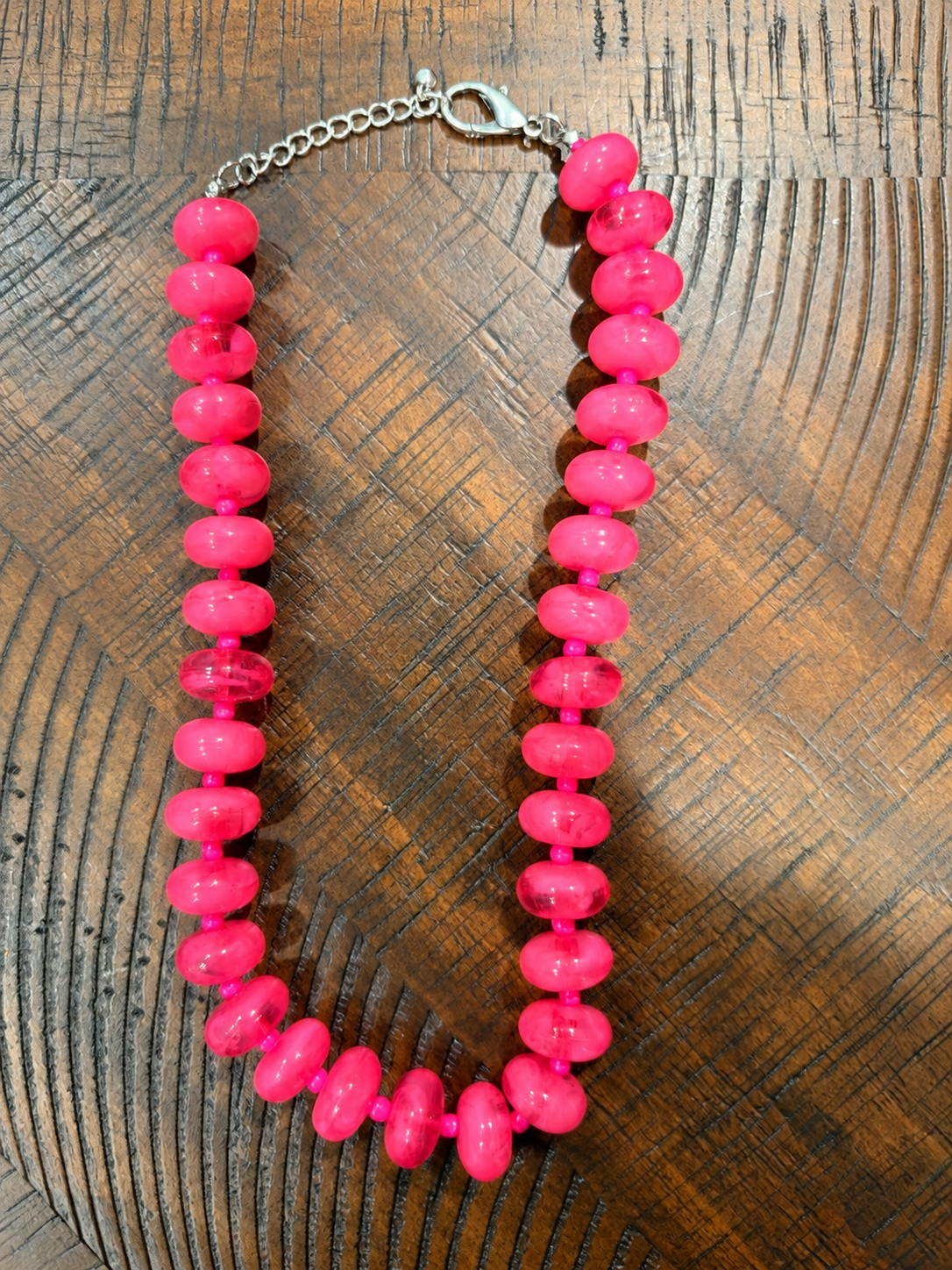 Hot Pink Alice Color Pop Bead Necklace upright, clasp at top