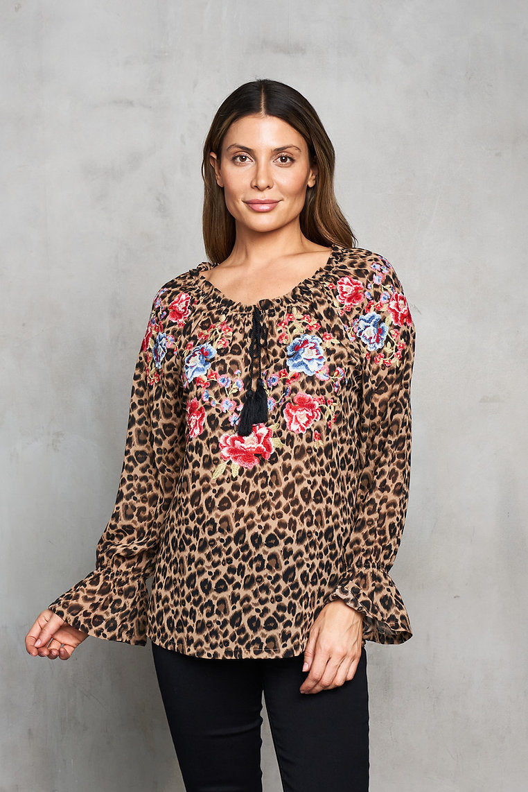 Paparazzi  Cheetah Print Peasant Top with Embroaidary