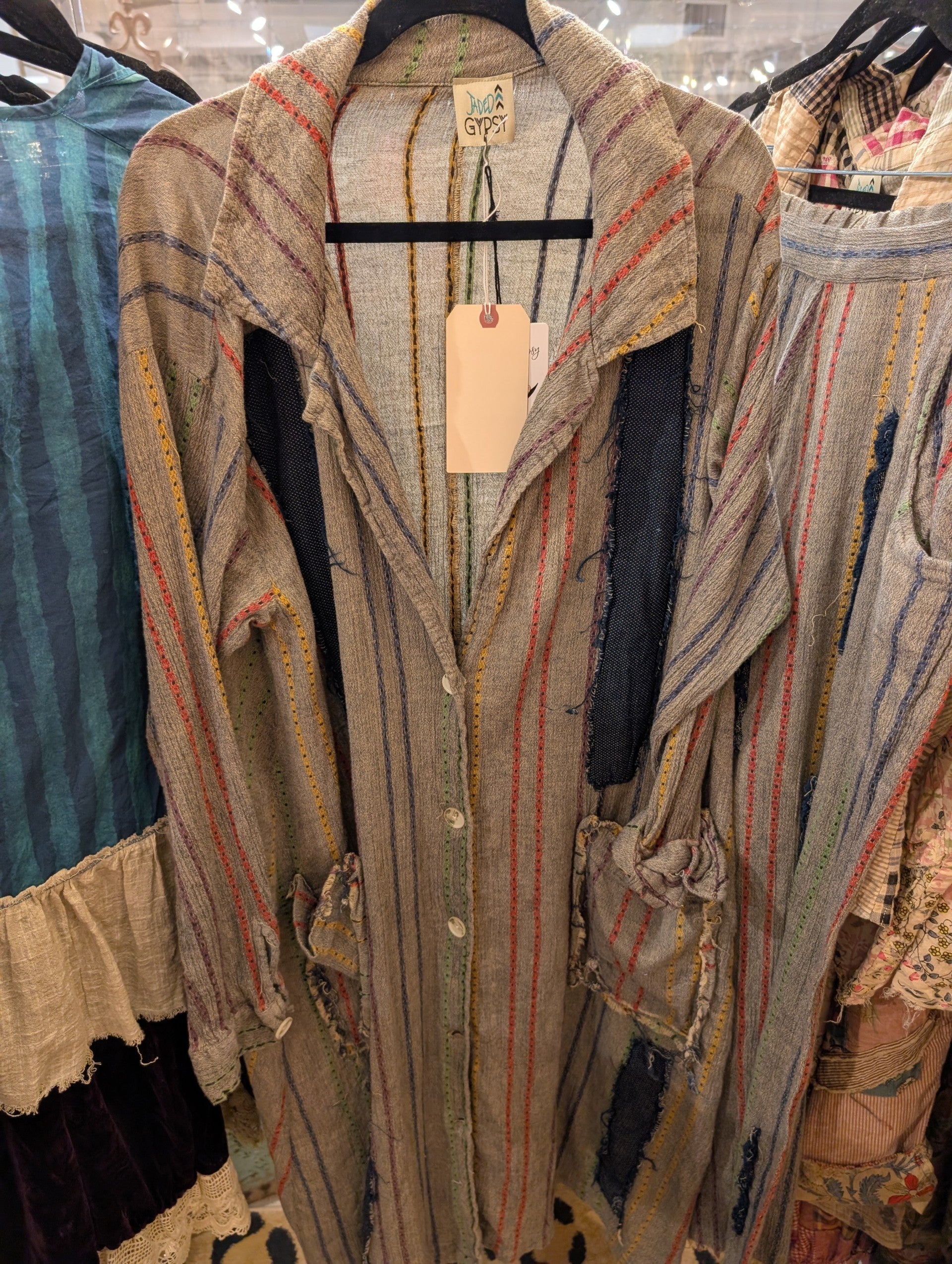 Jaded Gypsy Blue Bird Walts Duster - linen with rainbow embroidery and denim appliqué panels