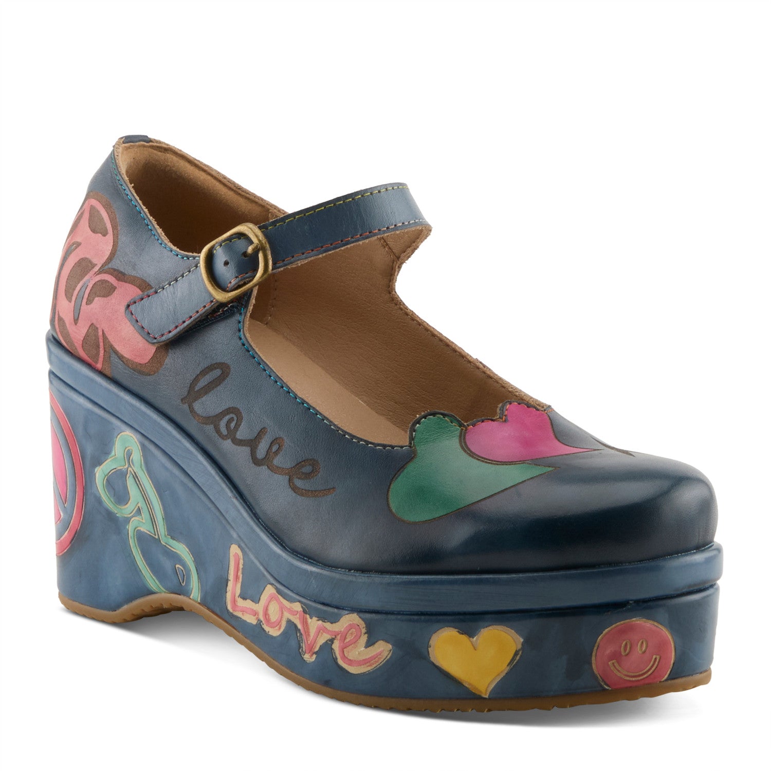 L'Artiste Peacenluv platform Mary Jane wedge front view navy multi