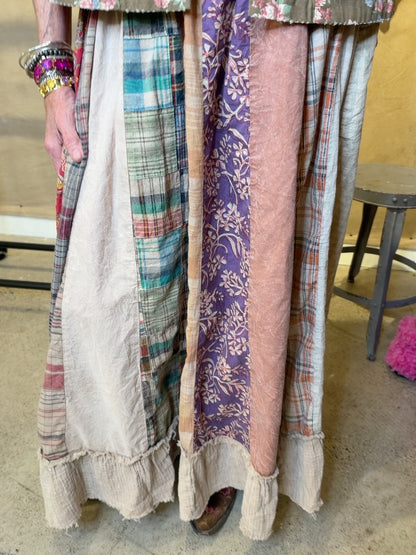 Harvest Path Skirt patchwork panels in plaid, floral, pink and cream with a ruffled hem