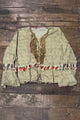 House of Jaded Gypsy Honey Bloom Top in Moss, front with patterned neckline ruffles, strawberry trim and flared cuffs