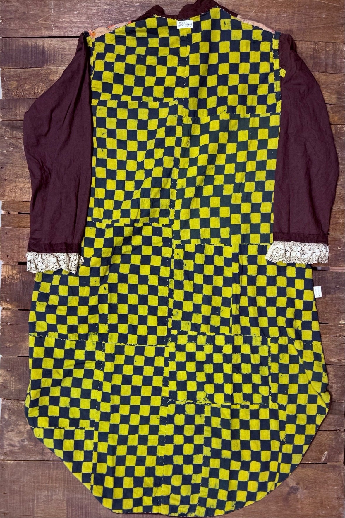House of Jaded Gypsy Moonlit Manor reversible jacket in Checkered, back with yellow and dark checkerboard pattern, dark sleeves and cream lace cuffs
