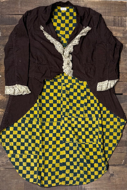 House of Jaded Gypsy Moonlit Manor reversible jacket in Checkered, dark side front with cream lace ruffles and checkerboard reverse