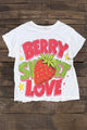 House of Jaded Gypsy Weathered and Worn Tee Berry Sweet, white tee with oversized strawberry, Berry Sweet Love lettering and yellow stars