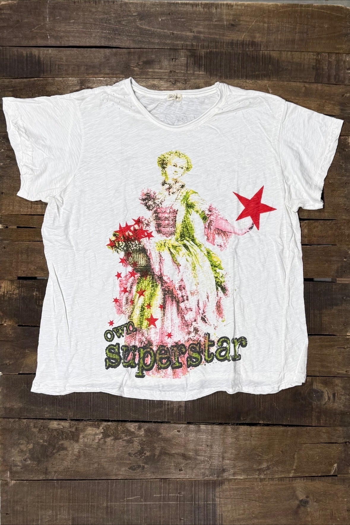 House of Jaded Gypsy Weathered and Worn Tee Superstar, white tee with a vintage-style woman in pink and green, red stars and Superstar lettering