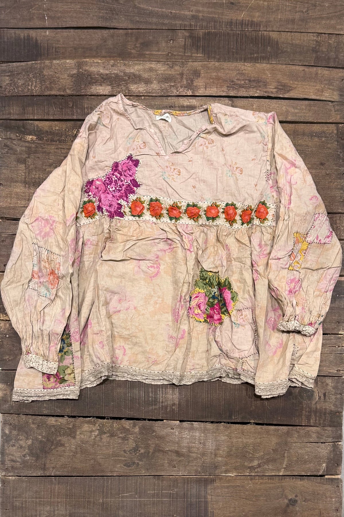 House of Jaded Gypsy Weathered Wildflower Top, front view with floral patchwork and lace trim