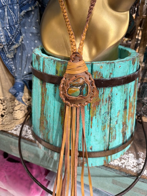 A Rare Bird Hand-Tooled Leather Stone Necklace