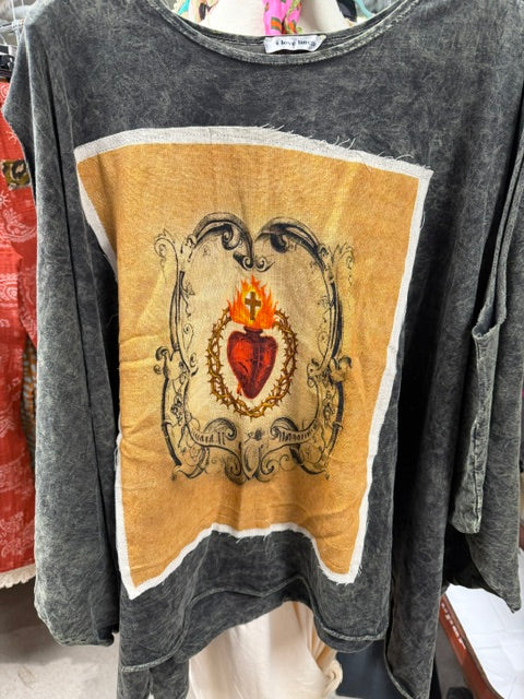 Pre order I love linen Washed Black Flaming Heart Tee