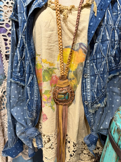 A Rare Bird Hand-Tooled Leather Stone Necklace