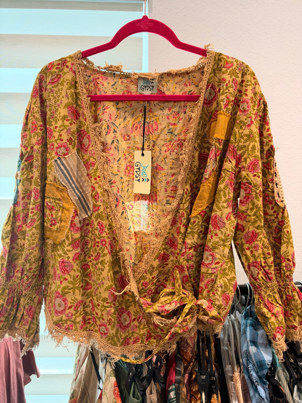 Jaded Gypsy Cheerful Walks floral patchwork wrap with distressed lace trim, front view