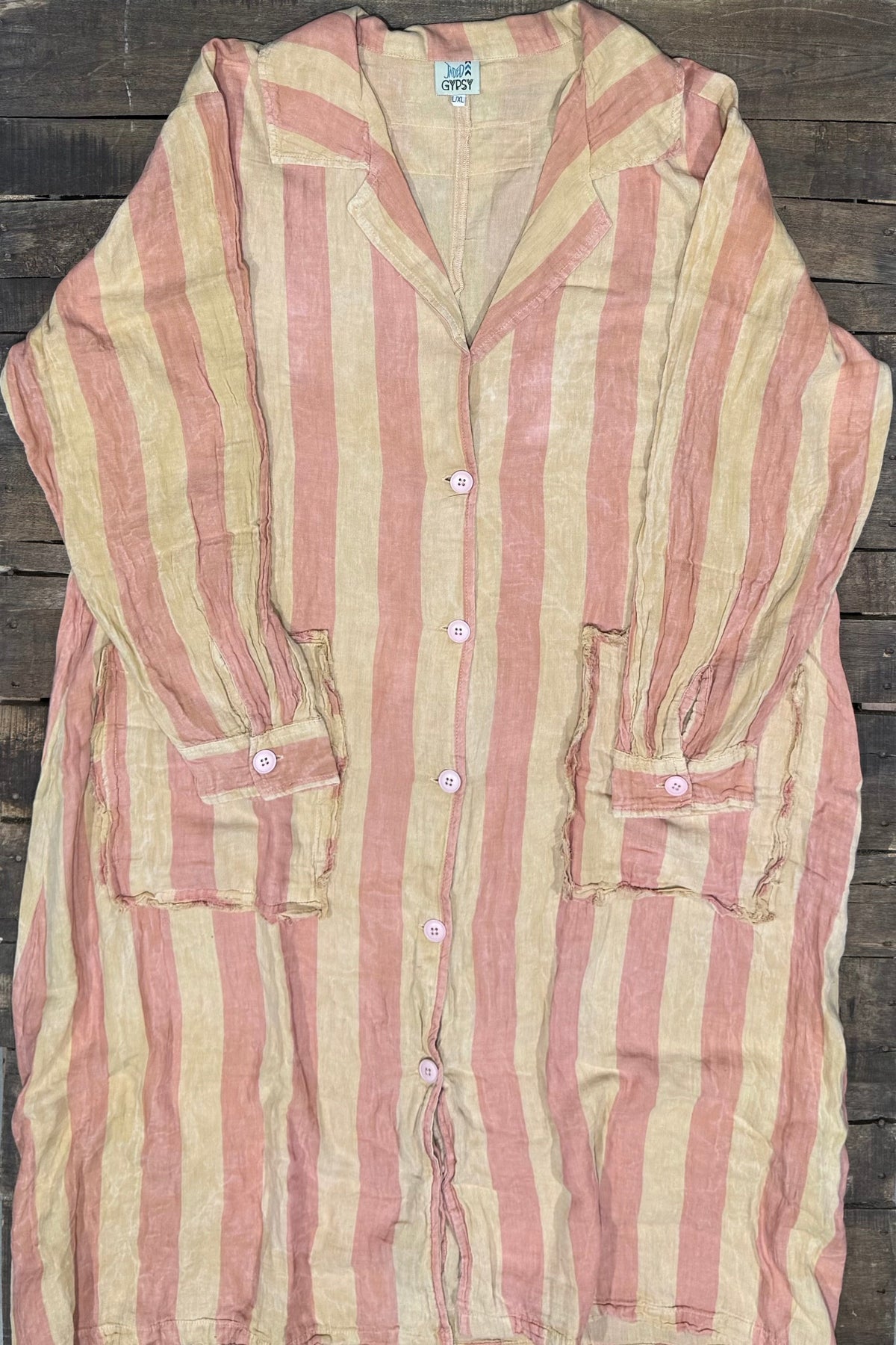 Dreamline Duster in Bubblegum with pink and cream stripes and front patch pockets