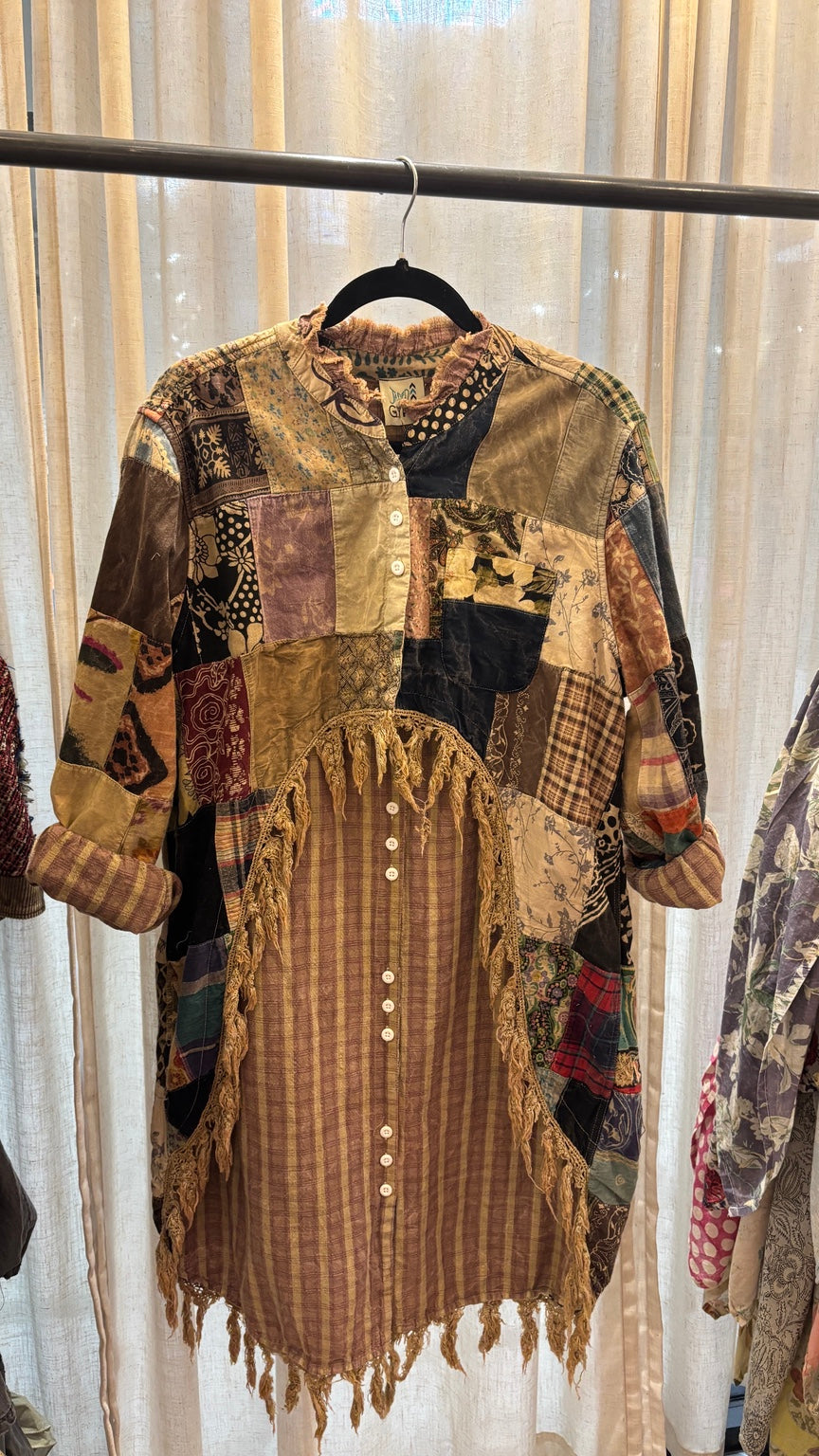 Jaded Gypsy Fanfare Views Jacket Patch with mixed patchwork panels, plaid front and tassel trim