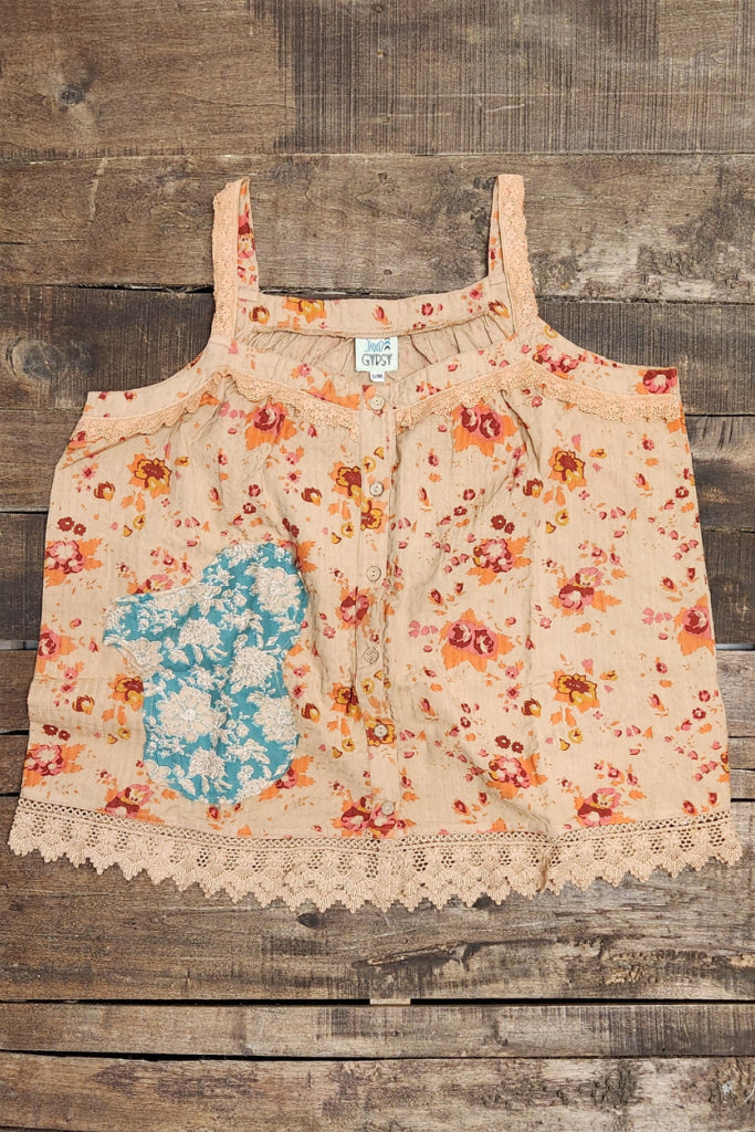Field of Flowers Tank – Floral with turquoise floral patch and lace hem