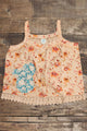 Field of Flowers Tank – Floral with turquoise floral patch and lace hem