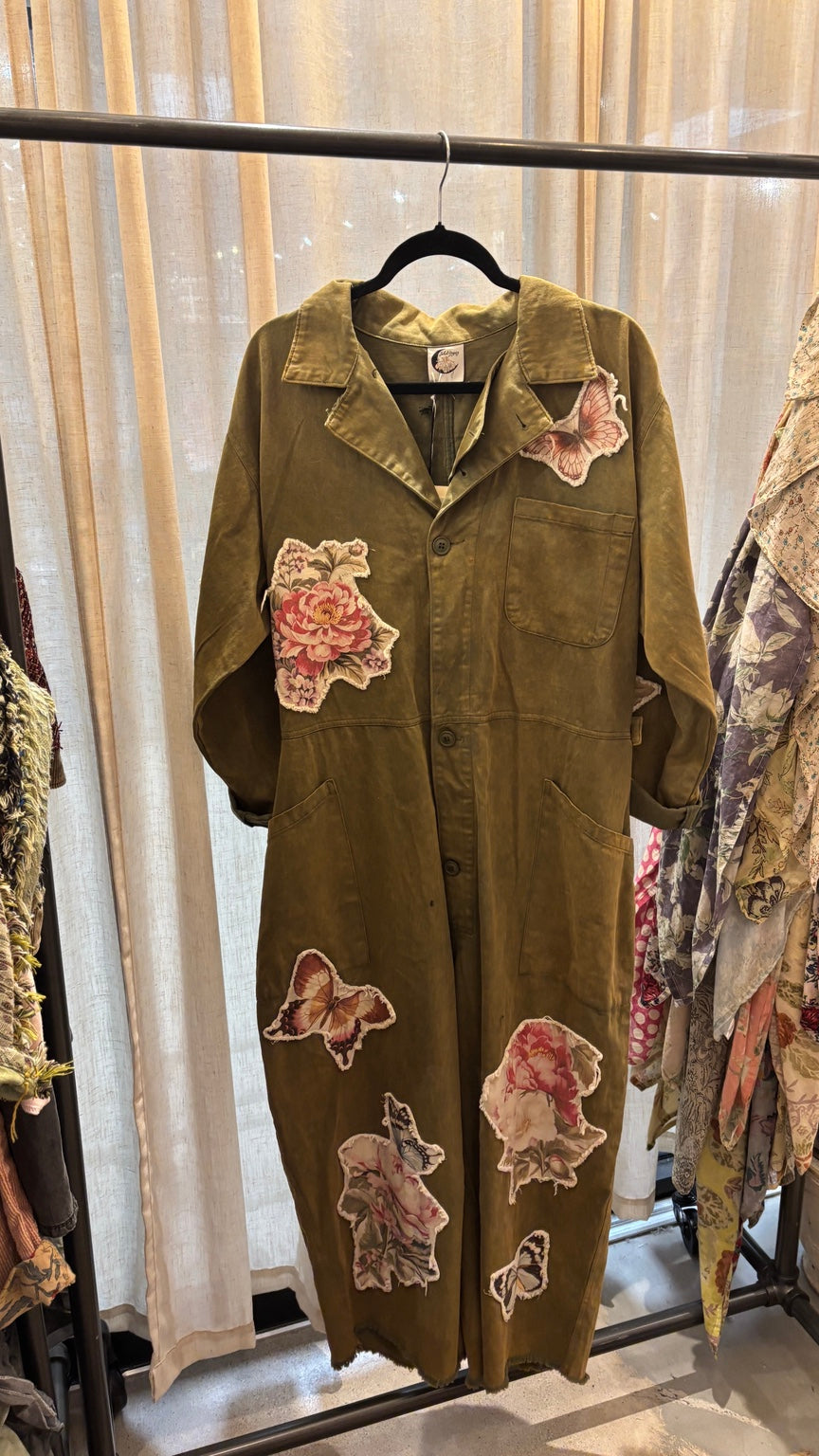 Jaded Gypsy Garden Drifter Overalls Floral in olive with flower and butterfly patches, button front and patch pockets