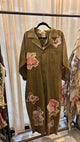 Jaded Gypsy Garden Drifter Overalls Floral in olive with flower and butterfly patches, button front and patch pockets