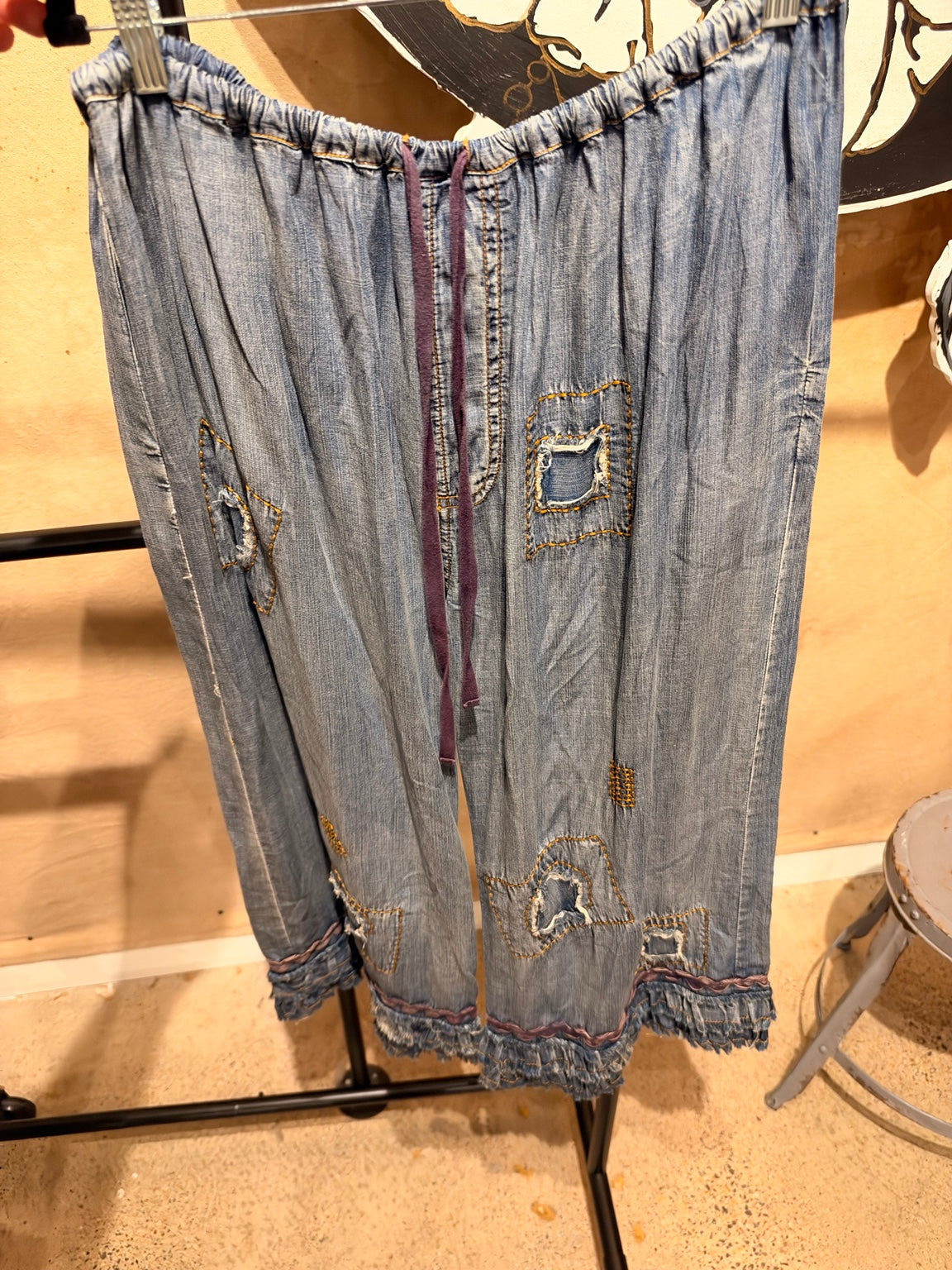 Jaded Gypsy Garden Romance Bloomers in chambray with distressed patches and ruffled hems