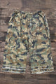 Garden Romance Bloomers in Hidden Trails camouflage with distressed patches, drawstring waist and ruffled hems