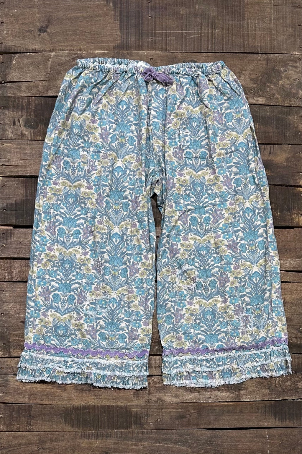 Garden Romance Bloomers in Teal Floral with lavender drawstring, ric-rac trim and frayed ruffle hems