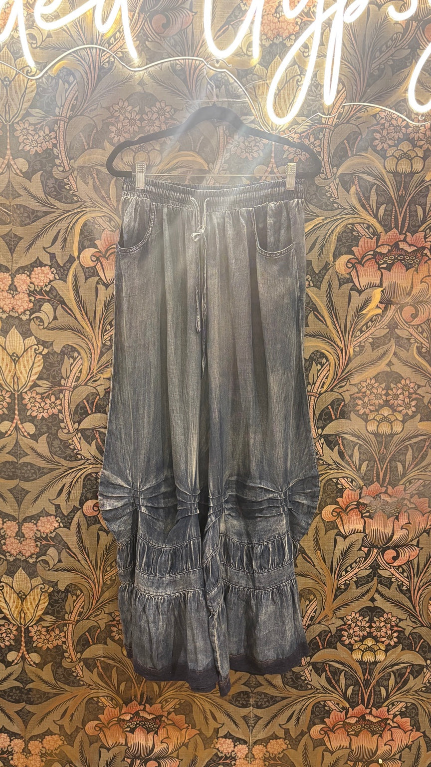 Gather Together Bloomers in Chambray with drawstring waist, front pockets and gathered tiered legs