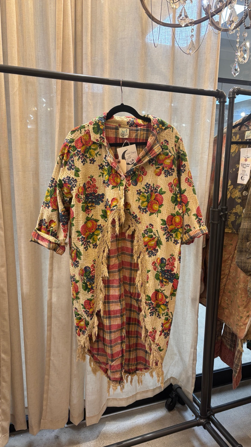 Jaded Gypsy Heirloom Trails Jacket Harvest with colorful fruit print, plaid accents and fringe trim