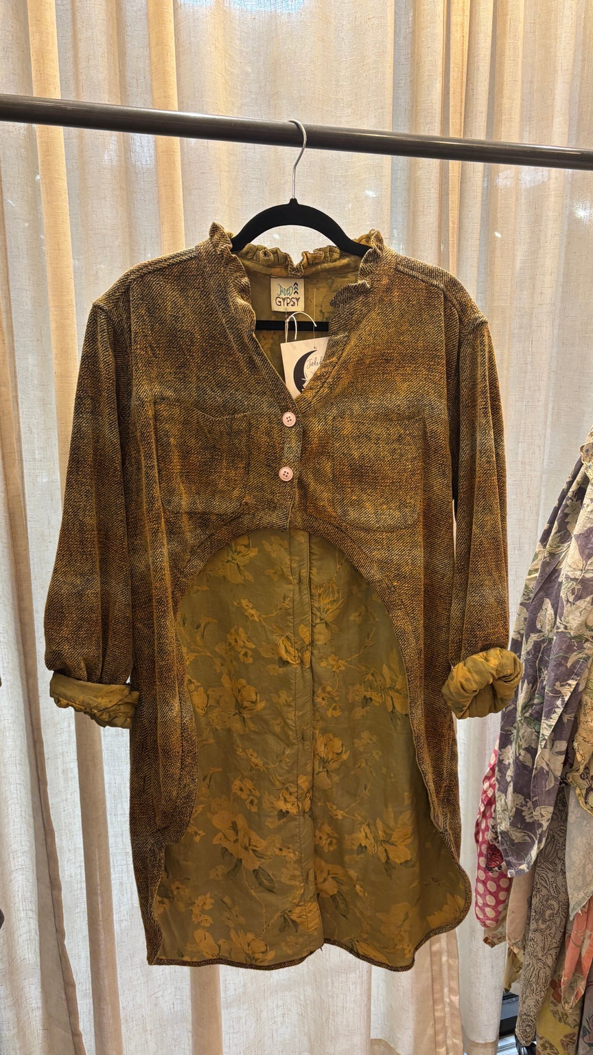 Jaded Gypsy Keepsake Jacket Mustard Plaid with curved high-low front, ruffled neckline and floral lining