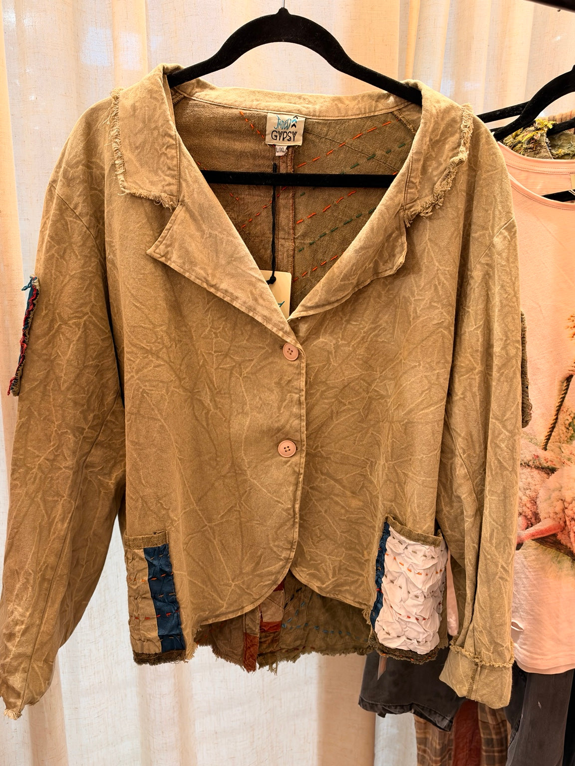 Jaded Gypsy Mosslight Jacket front with patchwork pockets